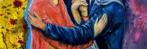 Gemälde der biblischen Begegnung von Maria und Elisabeth – zwei Frauen umarmen sich, beide schwanger, Symbol für Verbindung, Segen und neues Leben.