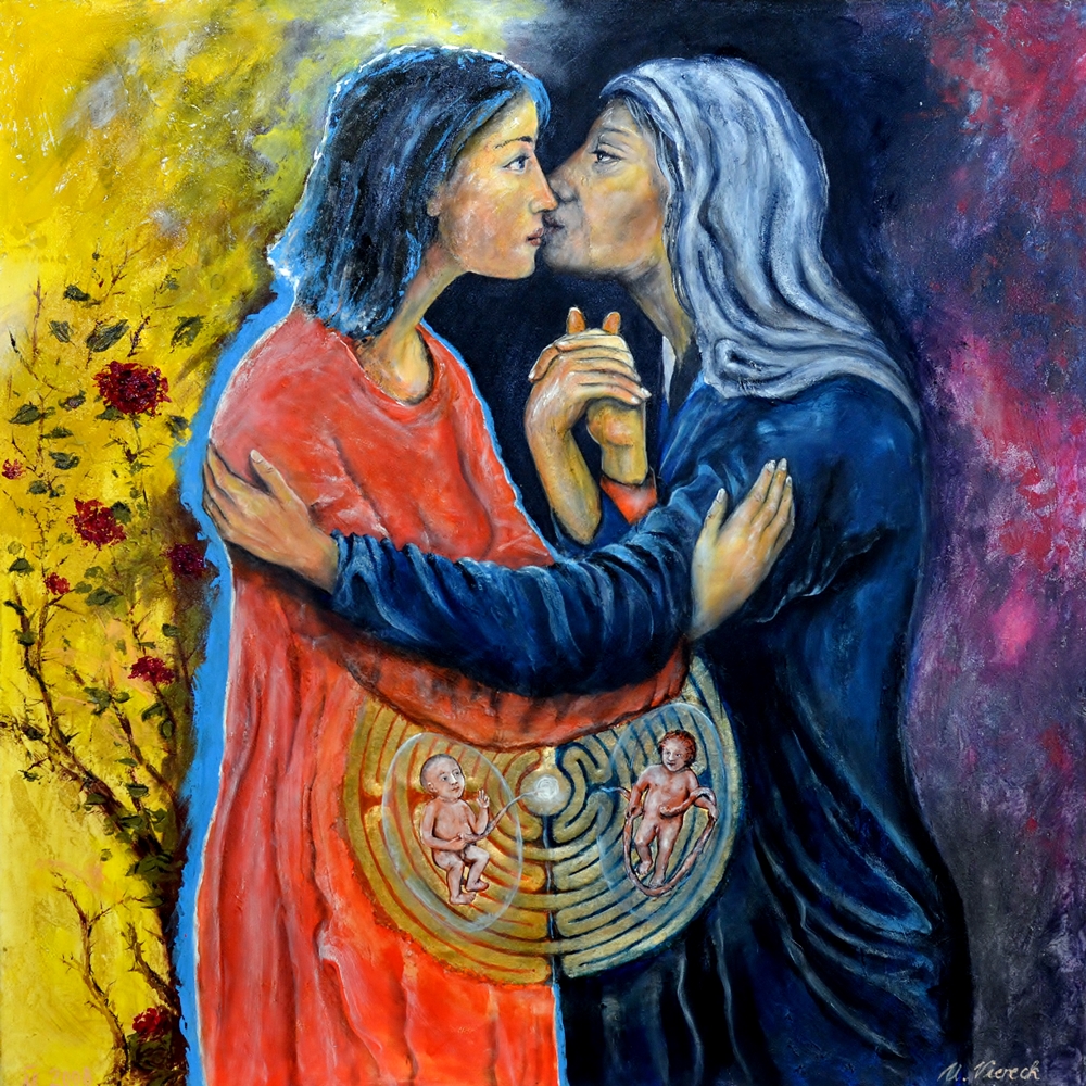 Gemälde der biblischen Begegnung von Maria und Elisabeth – zwei Frauen umarmen sich, beide schwanger, Symbol für Verbindung, Segen und neues Leben.