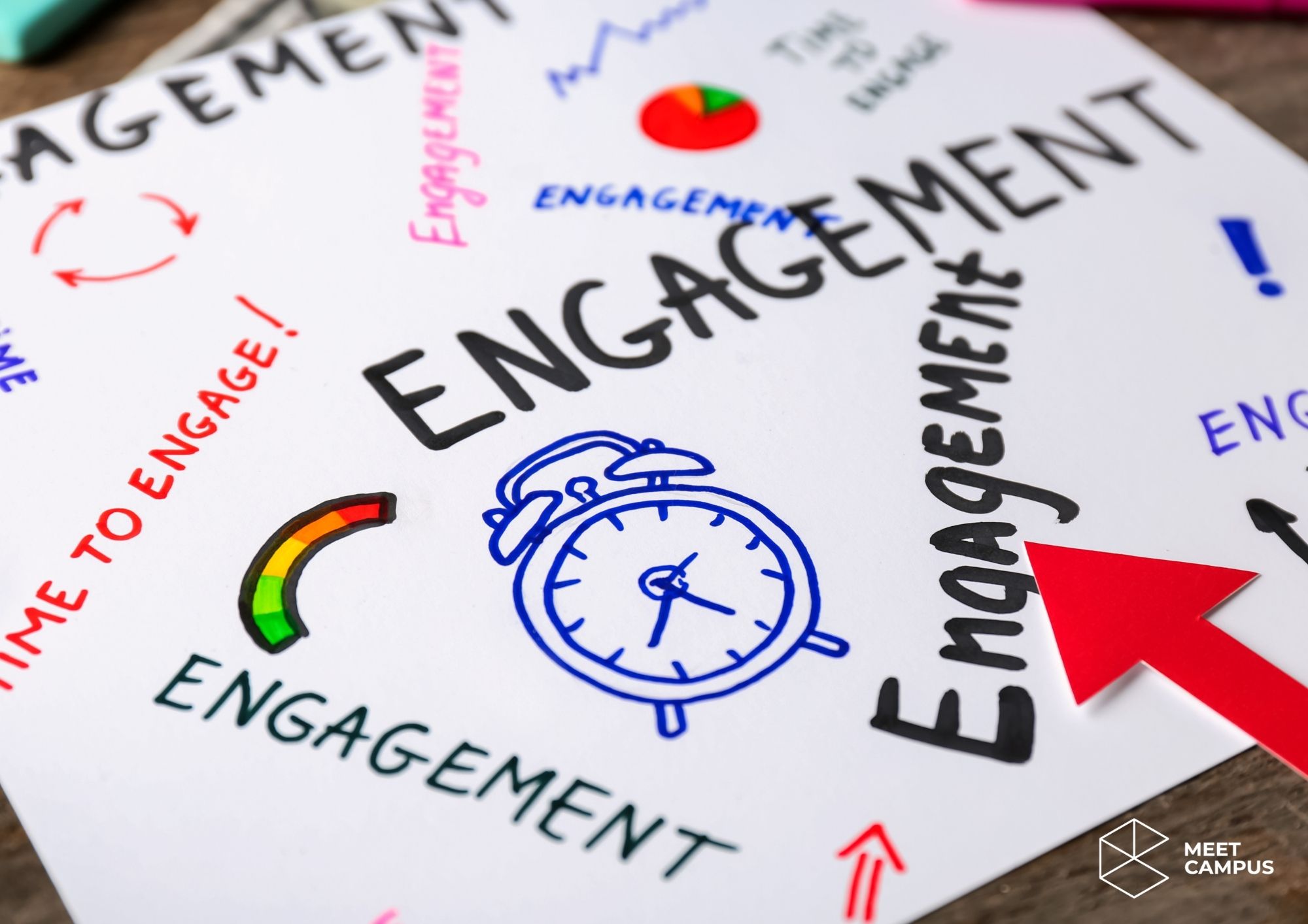 Auf einem Blatt Papier steht mehrmals in bunter und groĂźer Schrift das Wort Engagement mit einem Wecker Auf einem Blatt Papier steht mehrmals in bunter und groĂźer Schrift das Wort Engagement mit einem Wecker