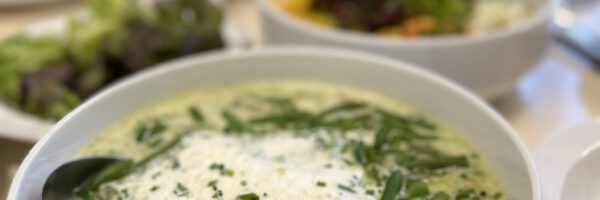 Schüssel mit cremiger grüner Suppe aus Bohnen und Kräutern, serviert beim Genussfasten nach Hildegard von Bingen am Bodensee, gemeinsam mit frischem Salat.